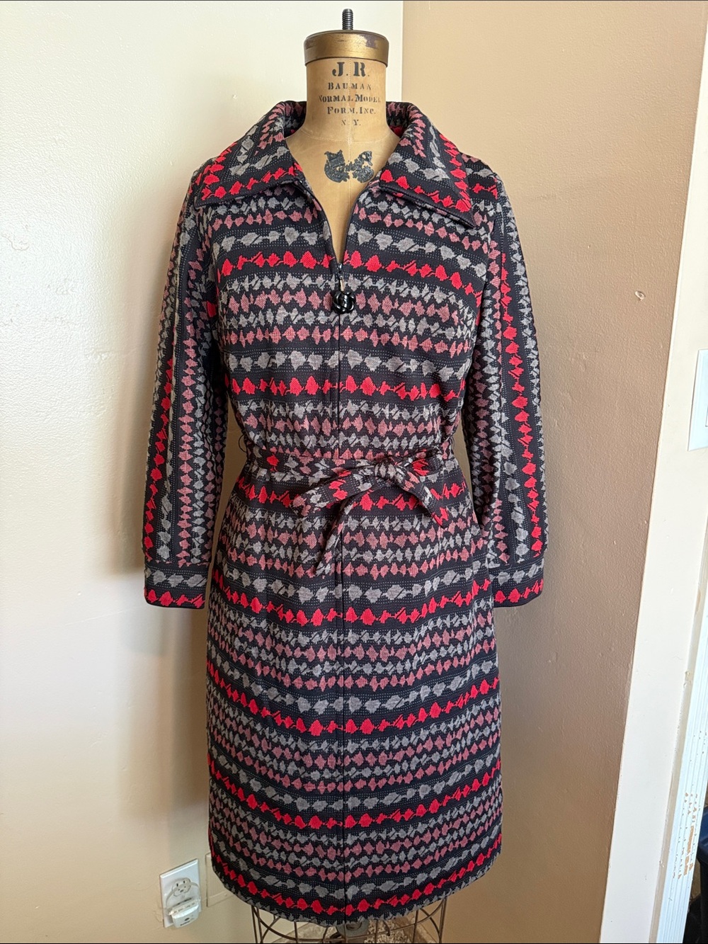Vintage 60s 70s Lady Mendel Belted Fair Isle Sweater Coat Wool Mod size Large
